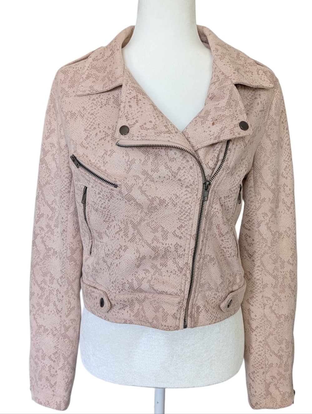 The Impeccable Pig Womens Blush Pink Snake Print Zip Up Moto Jacket Size Medium